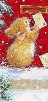 Two mice deliver letters by a red door in a snowy winter scene.