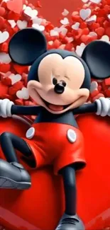 Mickey Mouse on red heart background filled with love.