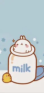 Cute cartoon animal in milk carton wallpaper with sky blue background.