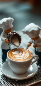 Toy chefs creating latte art in a cup.