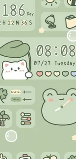 Cute minimalist wallpaper with cat and frog icons in soft green.