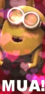 Cute Minion with pink hearts on a red background; MUA text included.