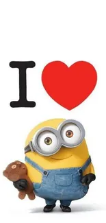 Minion holding teddy with heart symbol on white background.