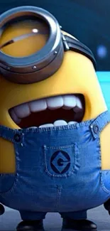 Smiling Minion in goggles and denim overalls on a blue background.