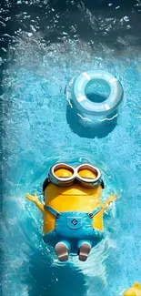 Minion relaxing in a bright blue pool, wearing goggles.