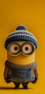 Cute minion with winter hat on yellow background.