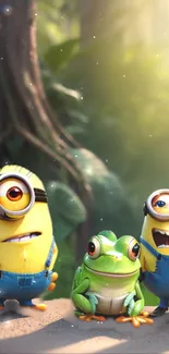 Minions and a frog in a vibrant forest setting with sunlight filtering through trees.