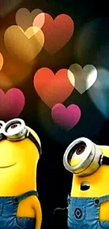 Minions with colorful heart bokeh on a mobile wallpaper.