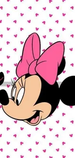 Minnie Mouse with pink bow on polka dot background.