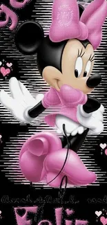 Minnie Mouse in pink dress with hearts and friendship text.