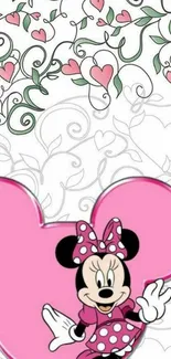 Minnie Mouse with pink hearts and floral design wallpaper.