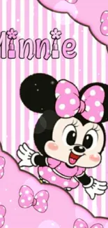 Cute cartoon Minnie Mouse wallpaper with pink stripes.