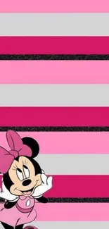 Cute Minnie Mouse with pink and black striped wallpaper.