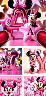 Vibrant Minnie Mouse wallpaper in pink and red hues with whimsical design.