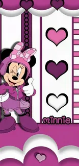 Pink Minnie Mouse wallpaper with hearts and stripes.