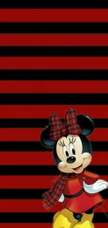 Minnie Mouse in red and black striped wallpaper.