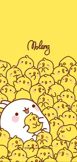 Cute Molang and cheerful yellow chicks wallpaper.