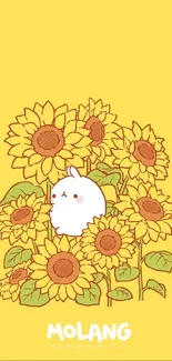 Cute Molang bunny with sunflowers on a yellow background.