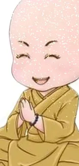 Smiling cartoon monk with hands clapped in prayer on a sandy brown background.