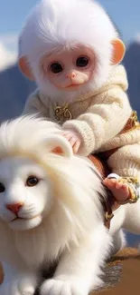 Adorable white monkey sitting on a white lion with a scenic background.