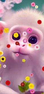 Adorable white monkey with cherry blossoms background.