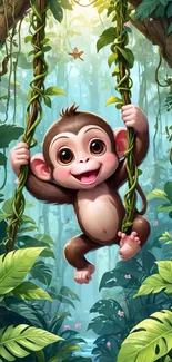 Cute monkey swinging in a lush green jungle, surrounded by vines and leaves.