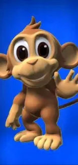 Cute 3D monkey waving on a blue background.