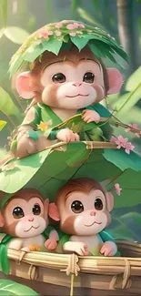 Three cute monkeys wearing leaf hats in a lush green setting.