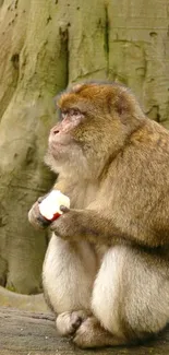 Monkey holding an apple in a natural setting with earthy tones.