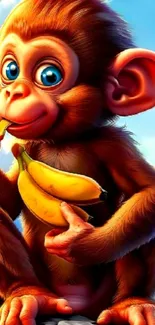 Adorable monkey holding bananas in vibrant setting.