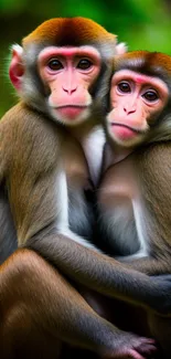 Two cute monkeys embracing in a lush green setting, perfect for mobile wallpaper.