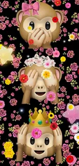 Cute monkeys with floral pattern on black background wallpaper.