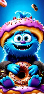 Cute blue monster with donuts mobile wallpaper.