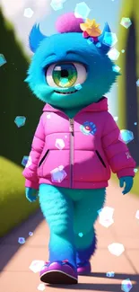 Cute one-eyed blue monster strolling in a garden with a pink jacket.