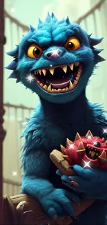 Adorable blue monster holding a red spiky ball in a whimsical cartoon setting.