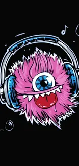 Cartoon monster wearing headphones on a black background.