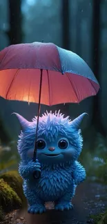 Furry blue creature holds an umbrella in a dark forest.