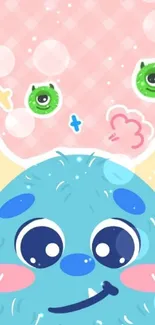 Adorable blue monster cartoon wallpaper with a pink background.