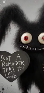 Cute black monster holding a heart saying 'You Are Loved'