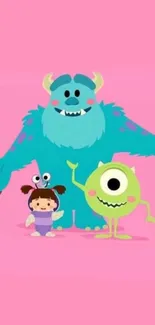 Cute cartoon monsters on a pink background.