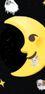 Smiling crescent moon with animals on a starry background.