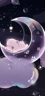 Cute bear on crescent moon with stars and clouds wallpaper.