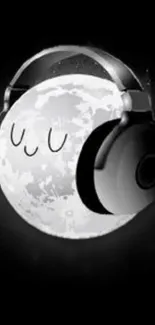 Cute moon with headphones, black and white wallpaper.