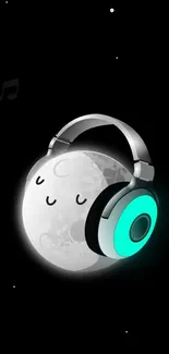 Cute moon listening to music with headphones on black background.