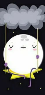 Whimsical moon on a swing under a cloud with stars wallpaper.