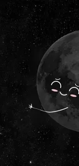 Adorable cartoon moon in a starry black night sky background.