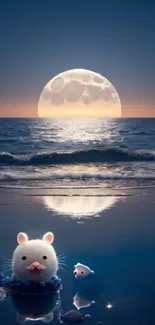 Cute characters on moonlit beach with ocean and large moon backdrop.