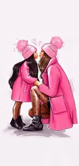 Illustration of mother and daughter in matching pink coats and hats.