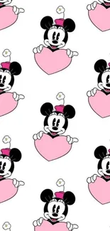 Cute cartoon mouse holding pink hearts pattern wallpaper.