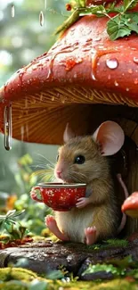 A cute mouse sipping tea under a red mushroom cap.